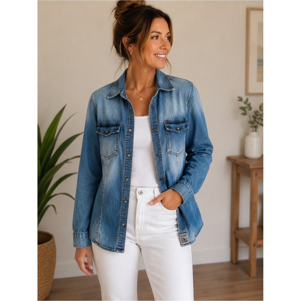 GUESS Women's Denim Button Front Shirt Jacket Blue Size XL